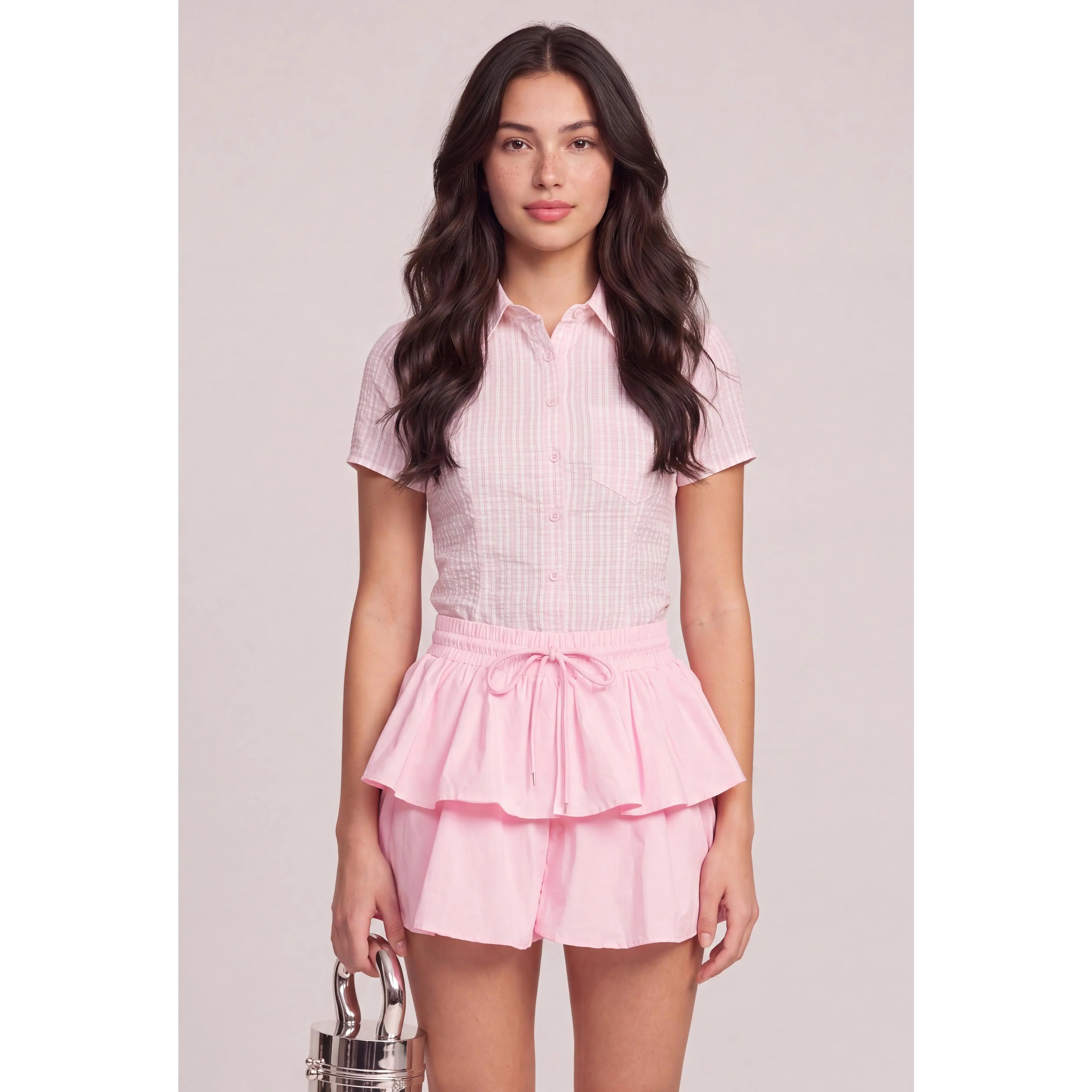 Plaid Seersucker Button Front Pleated Shirt