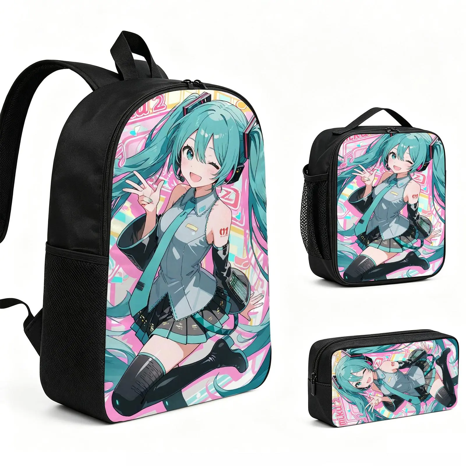 hatsune miku  Backpack 3pcs Set with Vibrant Print, Durable School Bookbag with Insulated Lunch Tote and Pencil Bag for Teens Boys Girls, Multi-Functional Laptop Travel Daypack Gift for Kids L-211