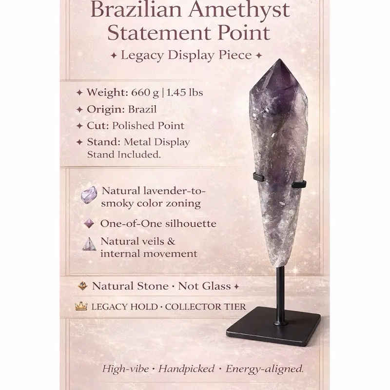 Legacy Display Piece Brazilian Amethyst Dogtooth Wand 665 grams Polished Point Natural Stone Collector Tier High-vibe Handpicked Energy-aligned crystal Amethyst Crystal Decor crystals earth