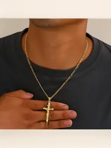 Men's Vintage 14K Gold-plated Jesus Cross Design Pendant Fashion Necklace With Smooth Chain Religious Jewelry For All Year Round Easter Graduation Gift