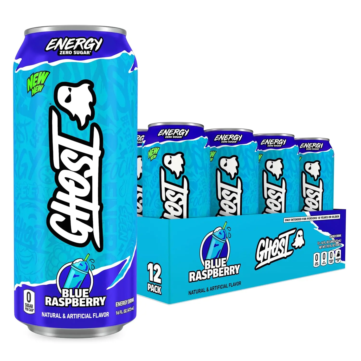 GHOST Energy Drink Beverage - 12-Pack 16oz Cans, Blue Raspberry Flavor - 200mg Natural Caffeine, L-Carnitine, Taurine - Energy & Focus Support, No Artificial Colors, Gluten-Free, Vegan