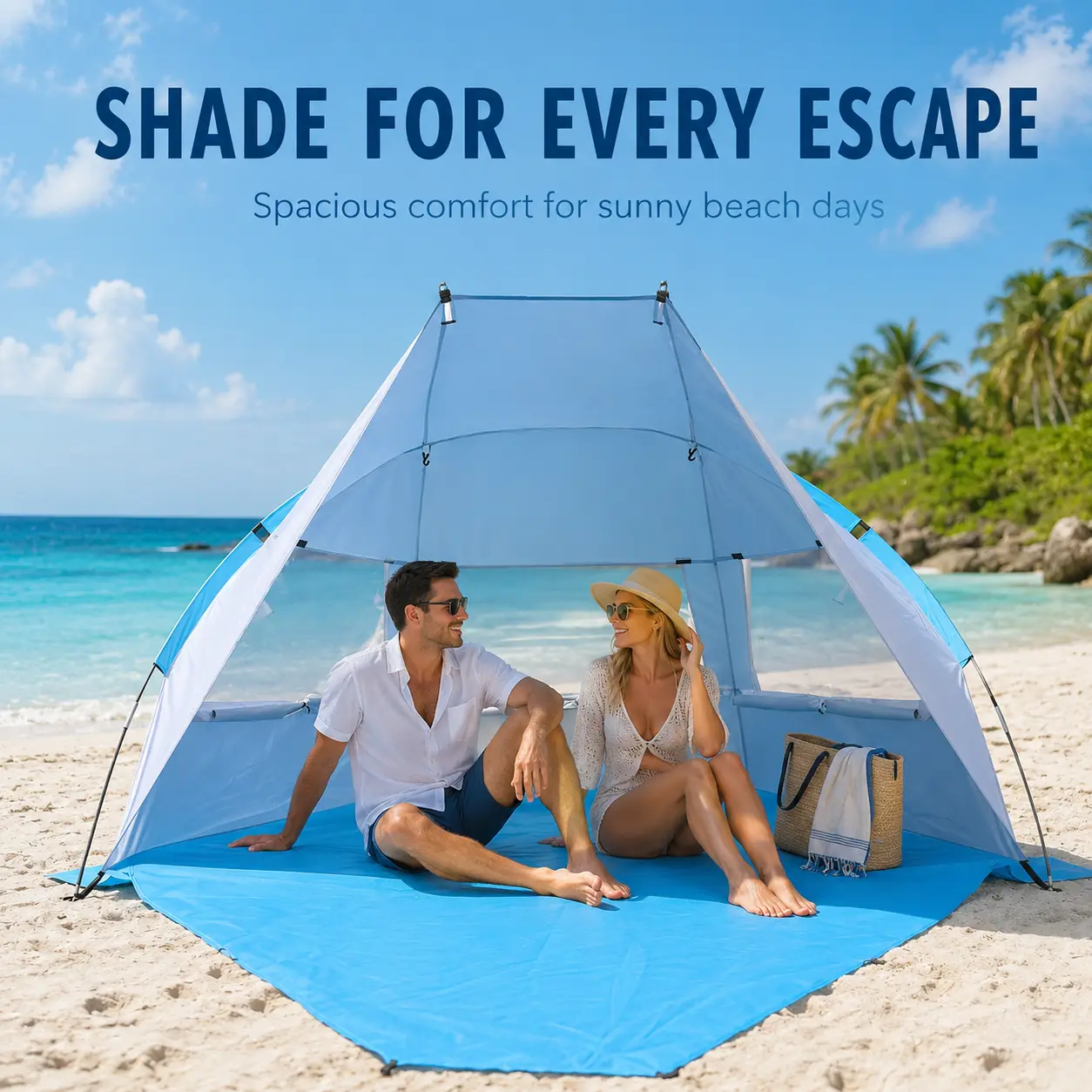Portable beach tent easy to set up and suitable for family camping, beach vacations, fishing, backyard use, and more; provides shade and sun protection a perfect holiday gift.