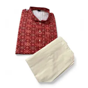 Mens Size 36 Kurta Set on Clearance Sale All Comes with Pant Perfect for Any Occasion Red Patterned Shirt & Cream Pants Menswear
