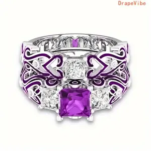 2pcs Fashion Stainless Steel Couple Rings, Delicate Purple Stone Inlaid Rings For Men And Brides, Daily Wear Jewelry For Wedding And Engagement Occasions