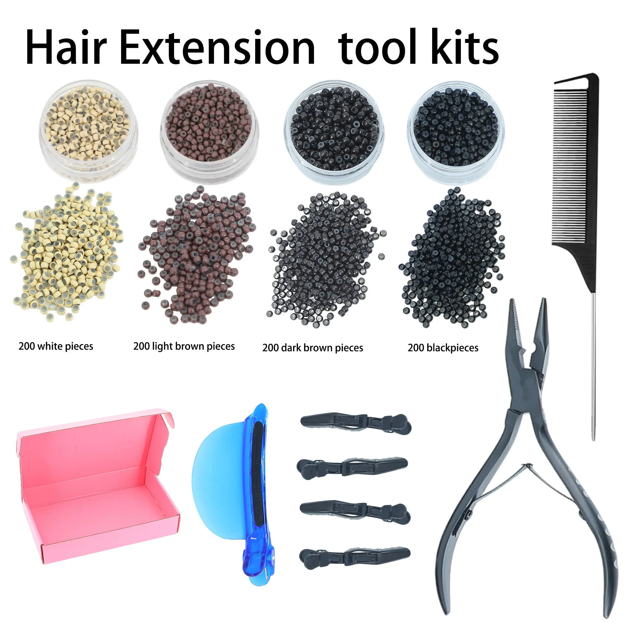 Hair Extension Tool Kit with 200/800 Silicone Bead Rings, Portable Hair Care Template, Ideal for Salons and Hairdressers, Weft Hair Extensions