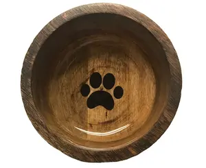 Handcrafted Round Wooden Pet Bowl with Paw Print – Non-Skid & Natural Wood - Large