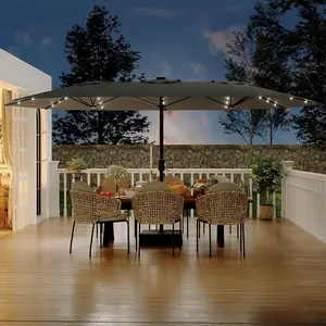 15FT Large Rectangular Shade Patio Umbrella with Solar Lights and Base Included, Market Umbrella with Crank Handle 36 LED Lights, UV Protection for Outdoor Poolside Lawn Backyard