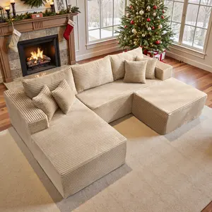 CAODOC 108'' Modular Cloud Couch Style Boneless Sectional with Ottoman, Plush Deep Seat Corduroy Memory Foam Sofa, Free Combine L Shape Chaise, No Assembly for Living Room  ￼