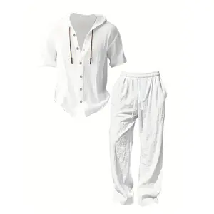 Men’s solid-color casual short-sleeve shirt, hooded drawstring linen T-shirt set, breathable loose two-piece set, #fathersdaygift, #SummerWins