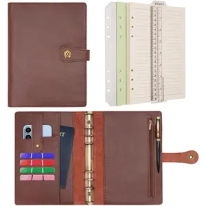 A5 Binder Journal Leather Spiral Notebook Refillable College Ruled Paper, Budget Binder Rings Diary Organizer with Pen for Office School Travel Business Planning Writing (Coffee,A5)