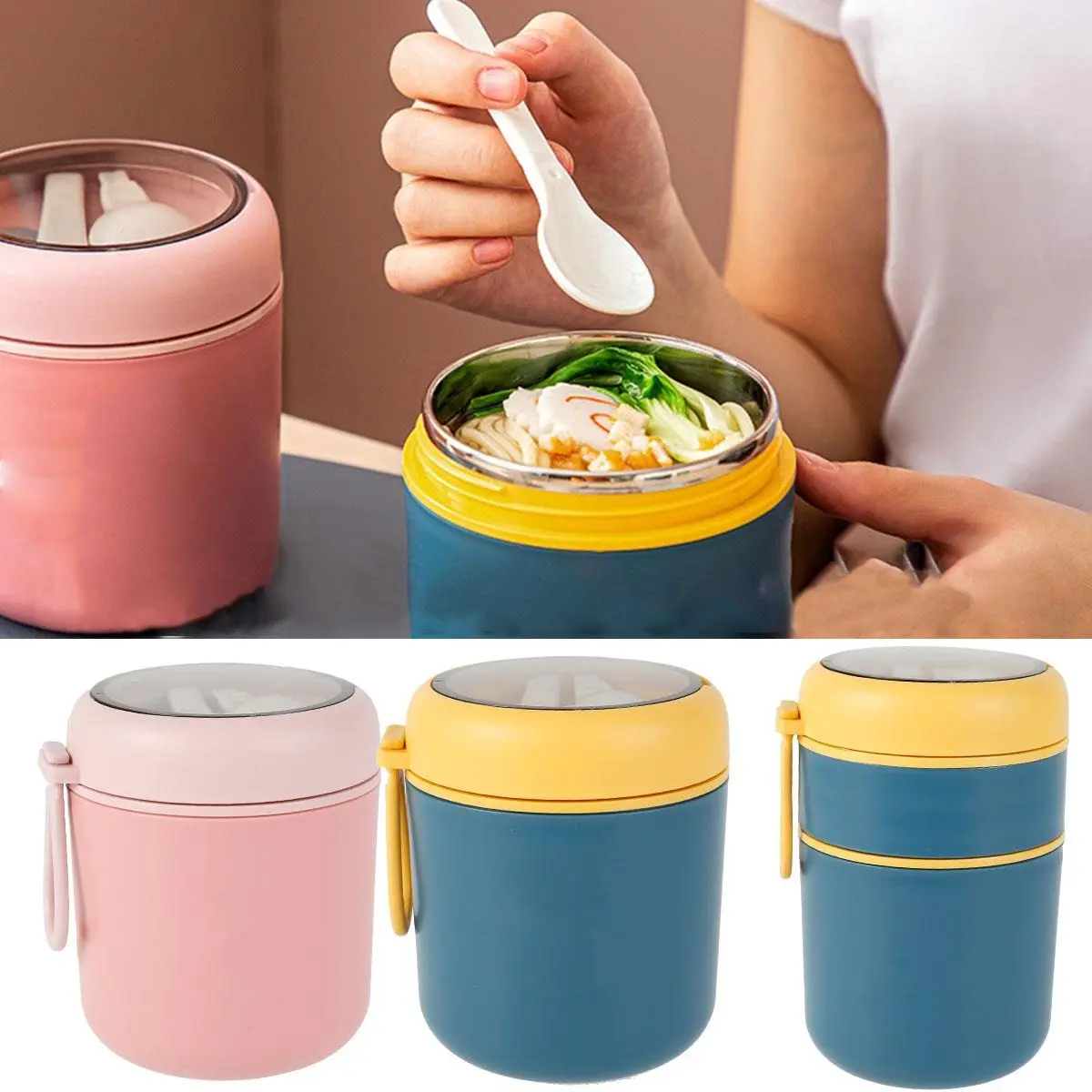 304 Stainless Steel Insulated Thermal Breakfast Cup - Multi-Size Meal Prep Containers (500-1000ml, Pink 480ml, 12x10.5cm), Wide Mouth Overnight Oats Jar with Foldable Spoon, Silicone Handle, Lid, Portable Travel Lunchbox for School (1-2hr Preservation)