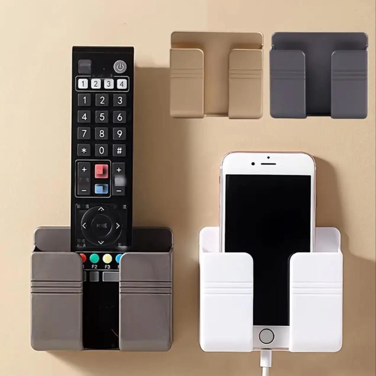 1 (black) Multi-Functional Wall-Mounted Phone Holder and Remote Control Organizer – No Drill Plastic Storage Bracket Shelf for Charging Devices – Ideal for Bedroom, Bathroom, Office Accessories