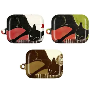 Cool Black Cat with Guitar AirPods Case, Retro Indie Art AirPod Cover for AirPods 4 3 2 1 & AirPods Pro 3 2 1, Moody Animal Art, Grunge Aesthetic, Minimalist Gift for Her for Him