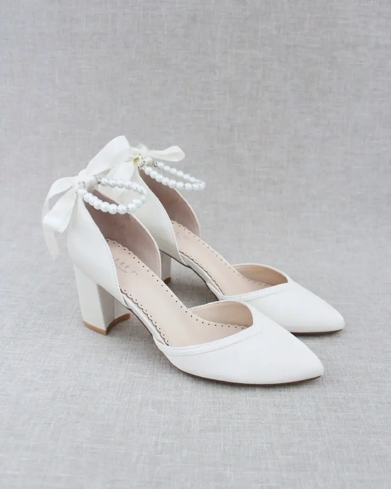 Satin Almond Toe Block Heel with Pearl Ankle Strap, Women Wedding Shoes, Bridesmaids Shoes, Bridal Shoes, Wedding Lace Heels