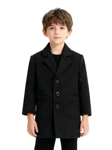 Boys' Woolen Coat Autumn Winter Long Jacket, Suitable for 90-160cm Children, Western College Style, Warm Loose-Fitting Outerwear