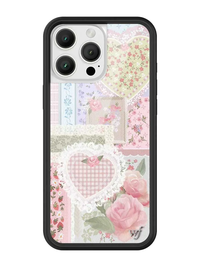 Frilly Floral | Limited Edition Trendy iPhone Case | Raised Protective Black Bumper | Women Owned Small Business | Light Pink Roses White Lace Patchwork Red Roses Pink and Purple and Green Background | Safety Casing Protective | Gift for Her