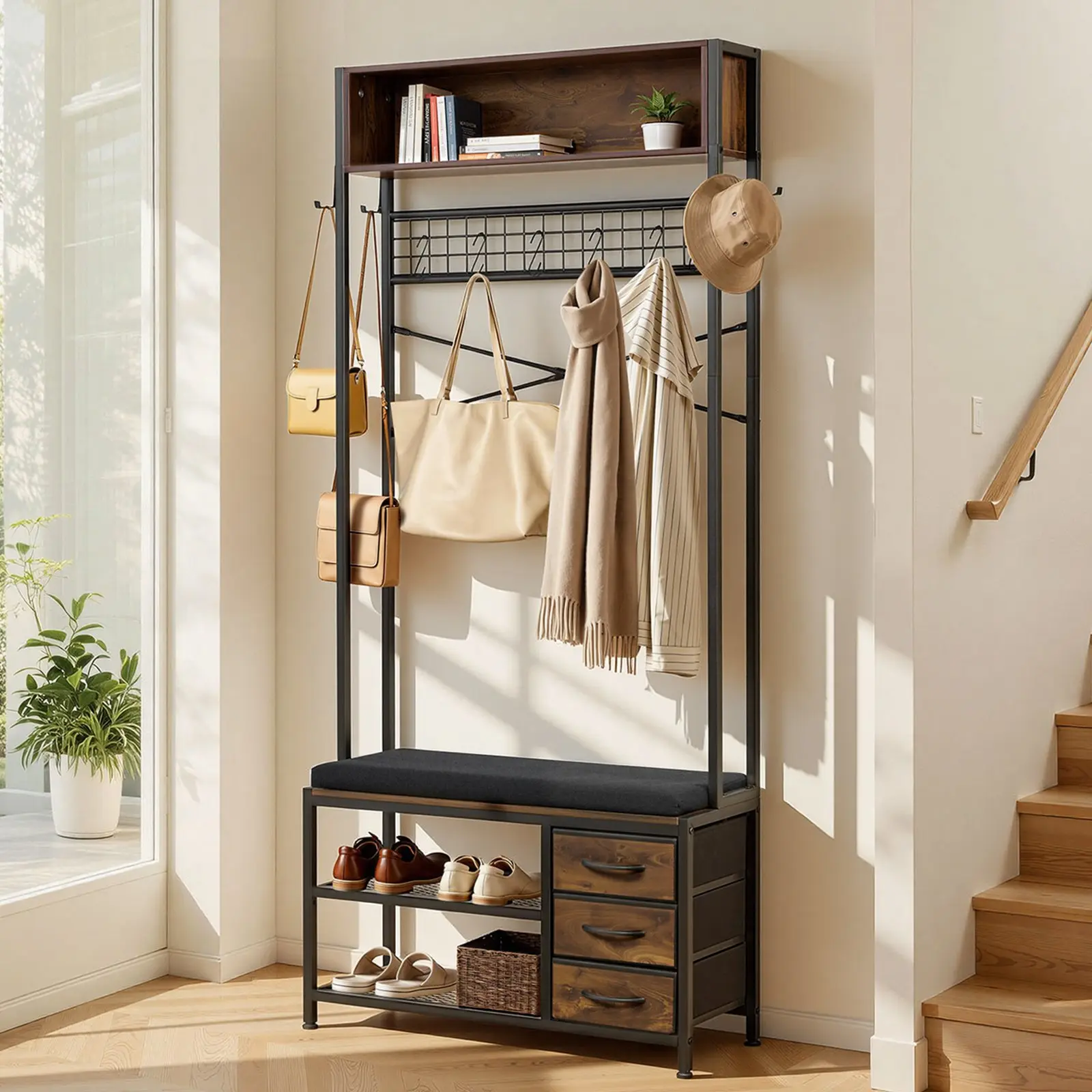 VEVOR Sturdy 3-in-1 Clothes Hall Tree, 70.9in Space-Saving Freestanding Storage Organizer with Shoe Bench, 3 Drawers, Adjustable Bookshelf, Wire Shelf, Steel Frame, Anti-Tip Strap for Entry, Bedroom