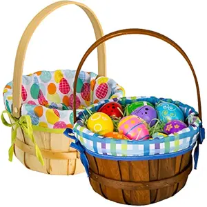 2 Pcs Easter Natural Woven Woodchip Basket with Lining, Wicker Wooden Easter Eggs Hunting Basket with Handle for Picnic, Gift Packing, Candy Storage and Party Favors Decorations(12.2" X8.7")