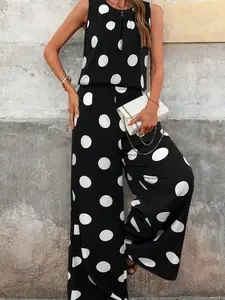 Polka Dot Wide Leg Pant Set for Women - Casual Pleated Tank Matching Outfit