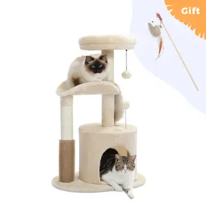 Small Cat Tree for Indoor Cats, Medium Cat Tower with Interactive Cat Toy,32.7" Cat Condo with Self Groomer Brush,Natural Cat Scratching Post,Dangling Balls for Small & Medium Cats cat tree