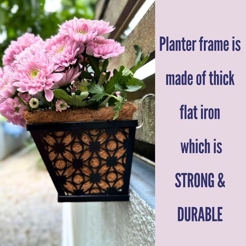 LaLaGreen Window Box Planter for Outdoor Plants (4 Pack, 16 Inch) Black Metal Rectangular Flower Pot Wall Planters with Coco Liner, Modern Horse Trough Railing Garden Balcony, Patio, Fence, and Deck