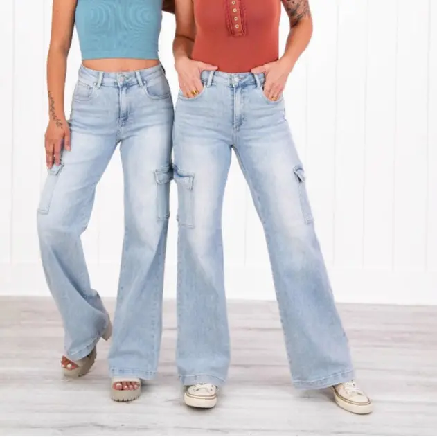 Women's High-Waisted Multi-Pocket Spandex Denim Cargo Pants - Basic, Comfortable, Slimming Straight-Leg Fashion Style Everyday Trouser for All Seasons Womenswear Bottom