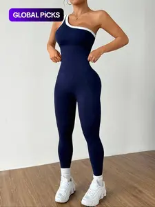 Women's Colorblock Asymmetrical Neck Jumpsuit, Summer Knitted Yoga Pants, Casual Fashion Tight-Fit for Home & Office