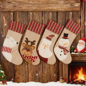 Christmas Stocking Set Of 4, Large Burlap Christmas Socks Vintage Style Farmhouse Style Christmas Decor Gift Bag Fireplace Xmas Hanging Ornaments