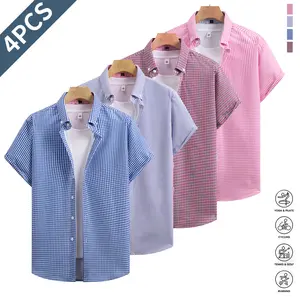 Men’s summer short-sleeve plaid shirt, suitable for vacations, casual wear, and the beach