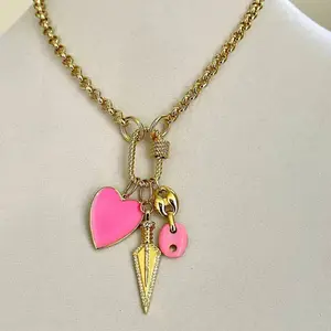 Gold Rolo Chain Necklace-Multiple Charm Necklace-Gold CZ Arrow Charm