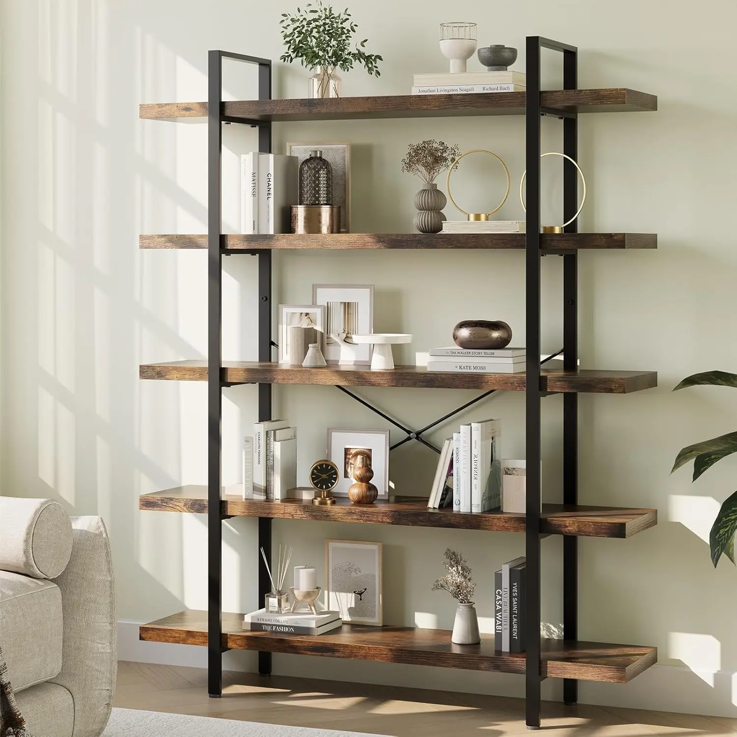 Industrial Heavy-Duty 5-Tier Wood Bookshelf with Storage, 47" Wide, 120lbs Capacity, Reinforced Horizontal Metal Shelves, Sturdy Rustic Open Shelving, 4-Tier Indoor Furniture for Home Office, Living Room