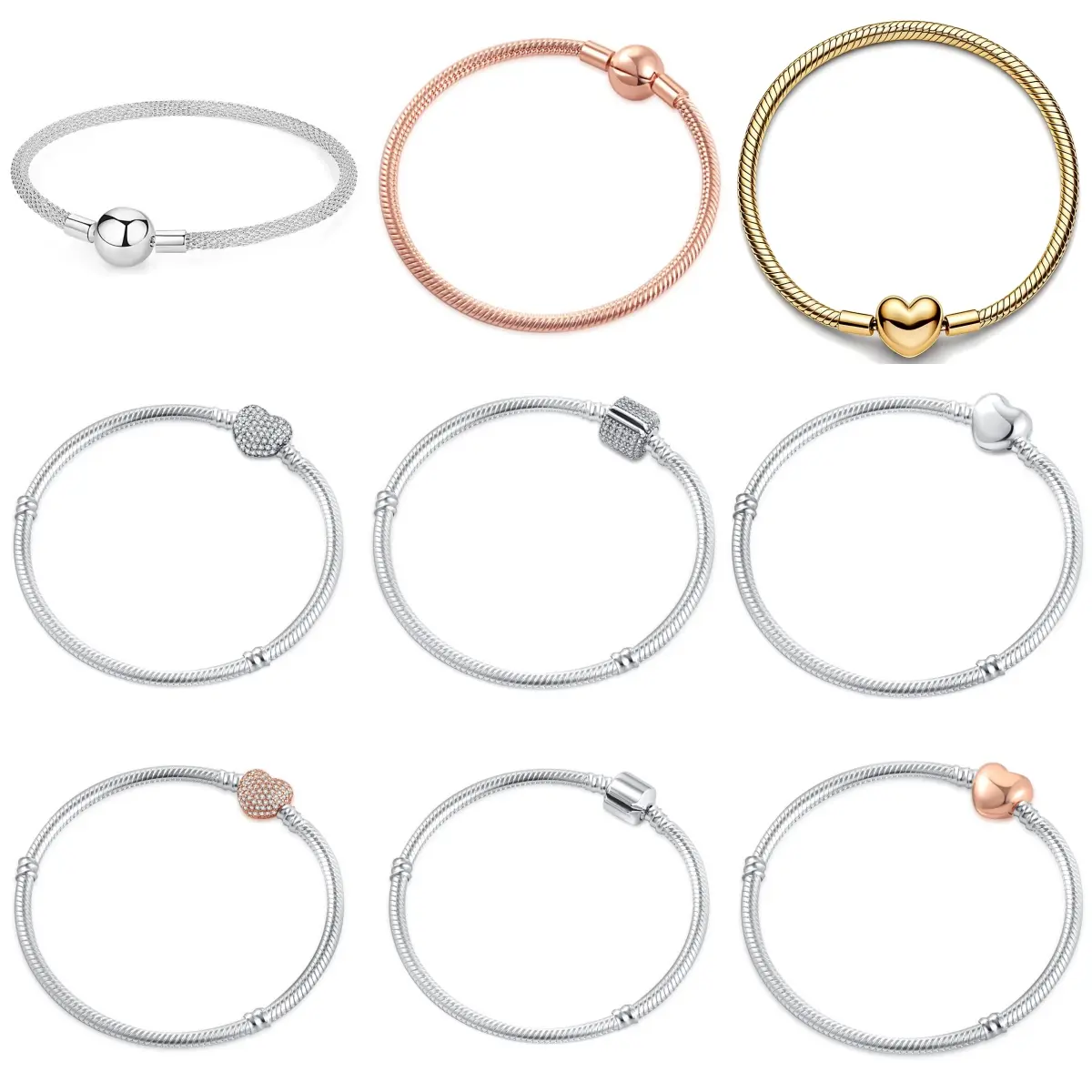 925 Sterling Silver Snake Chain Bracelet for Women Heart Cubic Zirconia Charms Bangle Rose Gold Plated DIY Fashion Jewelry Gift