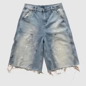 Men's High Cotton Y2K Paint Splatter Carpenter Denim Shorts, Retro Light Blue Washed Baggy Jorts with Raw Frayed Hem & Multi-Pocket, Grunge Streetwear Casual Jean Shorts for Men