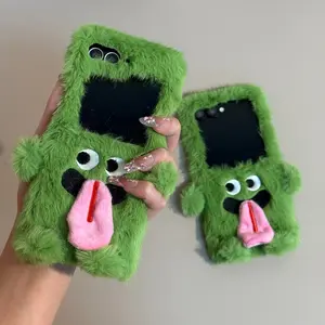 Green Furry Funny Tongue-Out Foldable Phone Case Cover Protector for Samsung Z Flip3/4/5/6/7/7FE Fun Plush-Style Cartoon Cute-Ugly Accessory