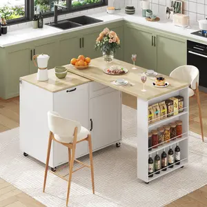 72.4" Rolling Kitchen Island with 360° Swivel Table, Charging Station & 3-Tier Spice Rack, Expandable Kitchen Island with Trash Cabinet for Kitchen & Dining Room