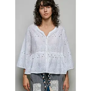 POL Eyelet Embroidery Peplum Button Front Cotton Shirt