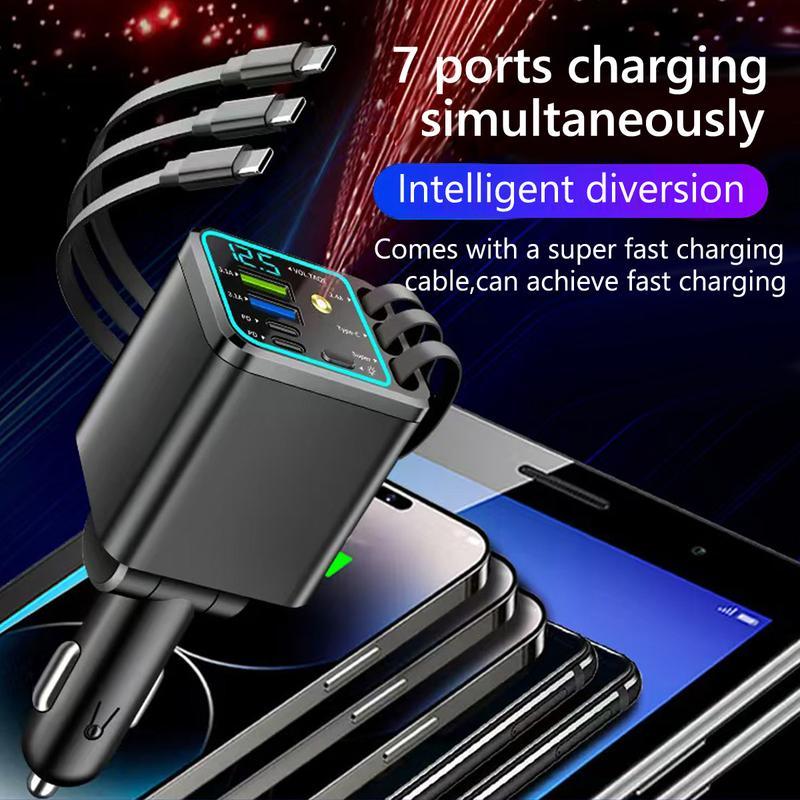 8-in-1 Ultimate Car Charger!  Level up your drive with 60W Starlight projection, retractable cables for zero mess, and 3.1A fast charging. Real-time voltage monitoring keeps your ride safe.  Must-have car gadget for 2026!