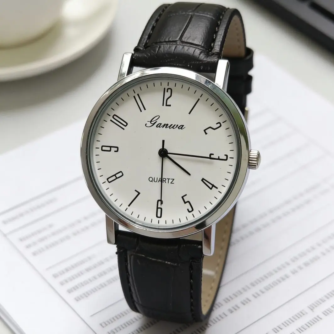Ganwa Minimalist Ultra-Thin Men's Quartz Watch with Black Crocodile Texture Leather Strap Business Wristwatch