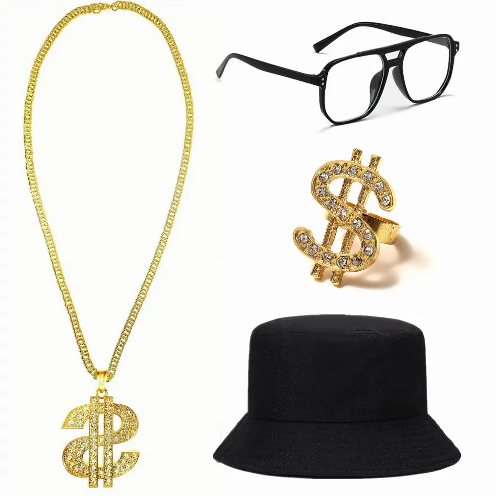 4 Pieces 90s Outfits 80s Rapper Costume Accessories, Vintage Glasses, Hat, Ring, Necklace Hip Hop Costume Kit