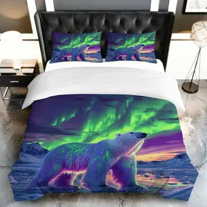 3PCS Duvet Cover Set, 1 Duvet+2 Pillowcases(Without filler), Polar Bear Aurora Arctic Northern Lights Wildlife theme, Christmas bedding set, Cozy Comfortable Elegant Suitable for decoration Bedroom, Guest Room, Living Room, Lodge.