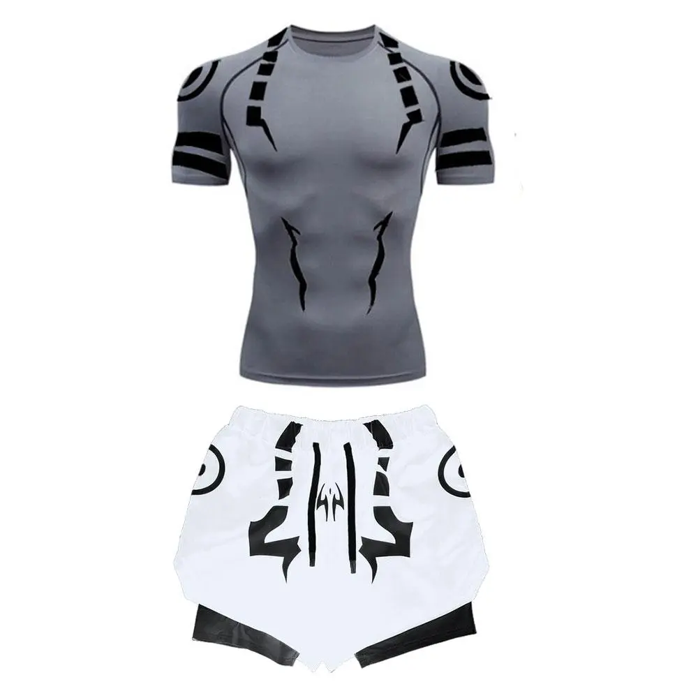 Men's Anime Jujutsu Kaisen 2-Piece Compression Set, Quick-Dry 3D Compression Shirt + Gym Shorts, Activewear Workout Set, Athletic Fashion Activewear for Running Gym Fitness