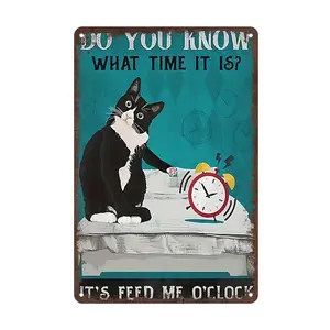 Vintage Thick Metal aluminum logo - It's Feed Me O'clock logo, Fun tuxedo cat poster, Home decor wall art 8x12" Room Artwork Gift  Hanging  Kitchen Kitty Ornaments Decoration Lounge Artistic
