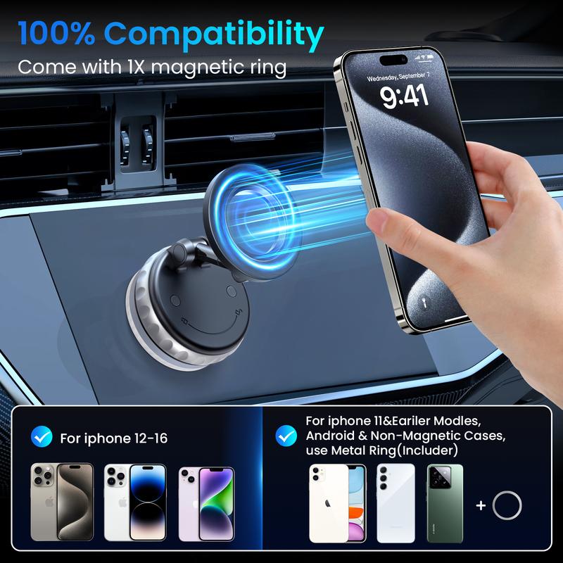 VIWAVE Car Phone Holder, Magnetic Suction & Knob-Type Vacuum Adsorption, Foldable & Retractable, Suitable for Any Flat Surface, for iPhone and All Smartphones
