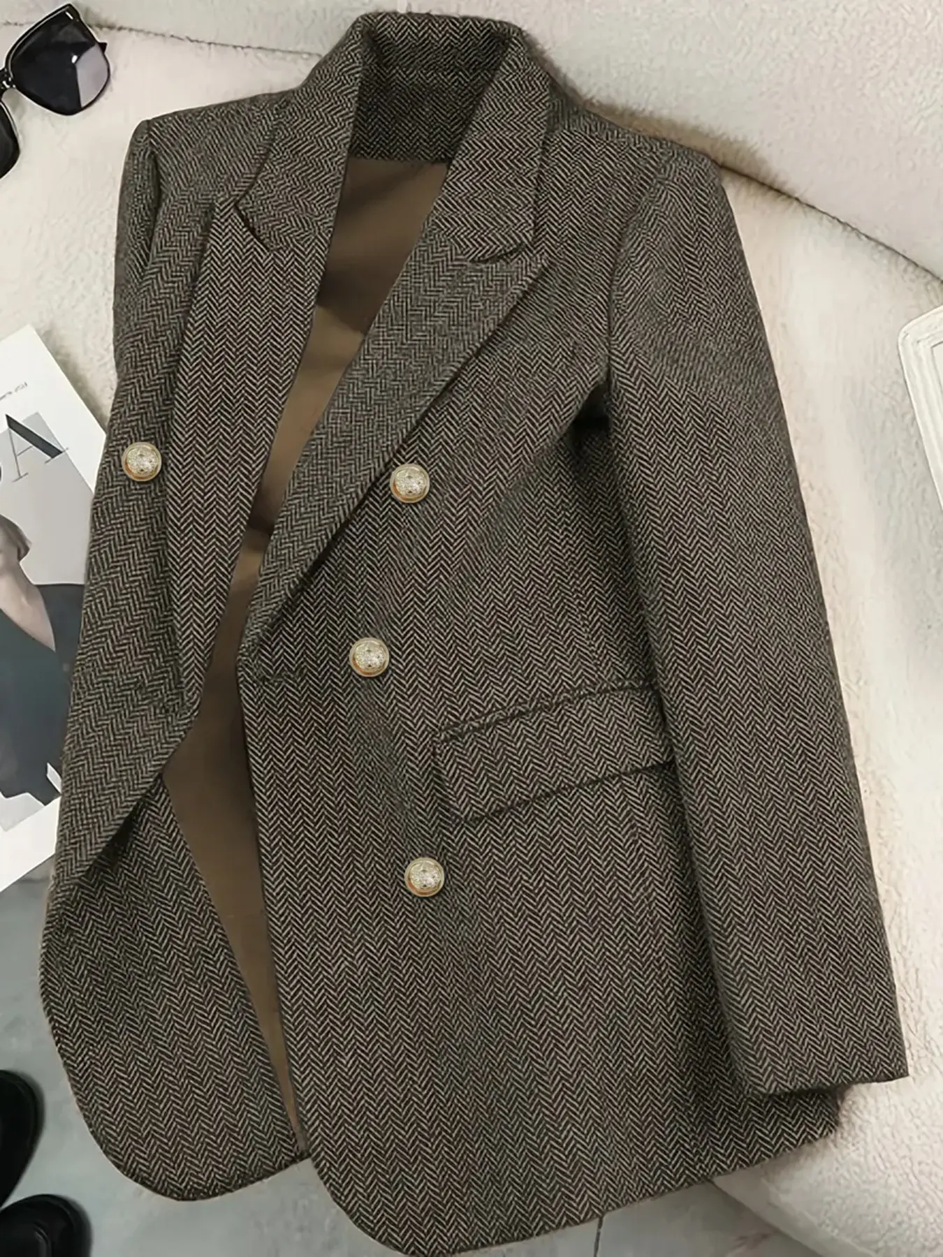 Autumn Winter Retro Fashion Herringbone Tweed Double Breasted Long Sleeve Women's Classic Solid Button Blazer Coat, Stylish Elegance Outerwear for Ladies, Trendy Fall & Winter Jacket Womenswear, Elegant Formal Wear