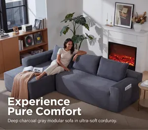 L-Shaped Boneless Sectional Couch, Soft Corduroy Fabric Modular Sofa with Oversized Chaise Lounge, No-Assembly Foam Cloud Down Blend Loveseat, Modern Adjustable Sleeper Futon for Contemporary Living Room Scandinavian Design Apartment Furniture