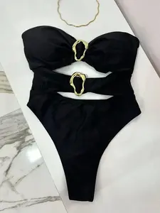 Bandeau One-Piece Swimsuit with Metal Ring Cut-Out – High Leg Design