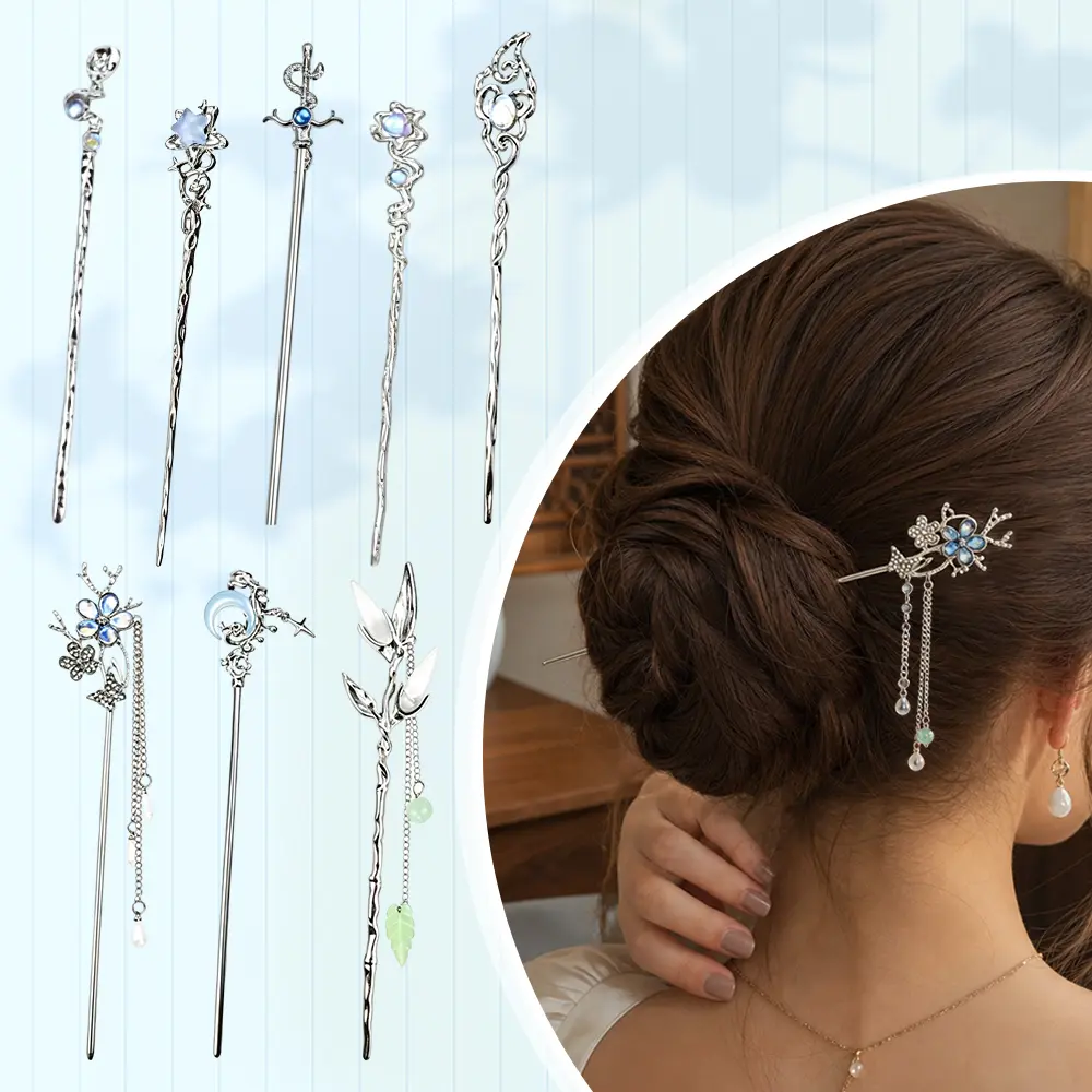 8 pcs Metal Hair Sticks Pins Pearl Jade Dangles Tassels Pendants Chinese Hair Sticks Asian Vintage Hair Chopsticks for Women Girls