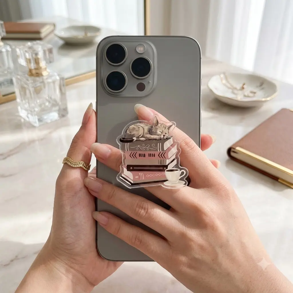 Cozy Bookworm Cat Phone Grip, Artistic Reading Kitten Mobile Stand, Cottagecore Cat Phone Holder, Aesthetic Reader Gift For Her