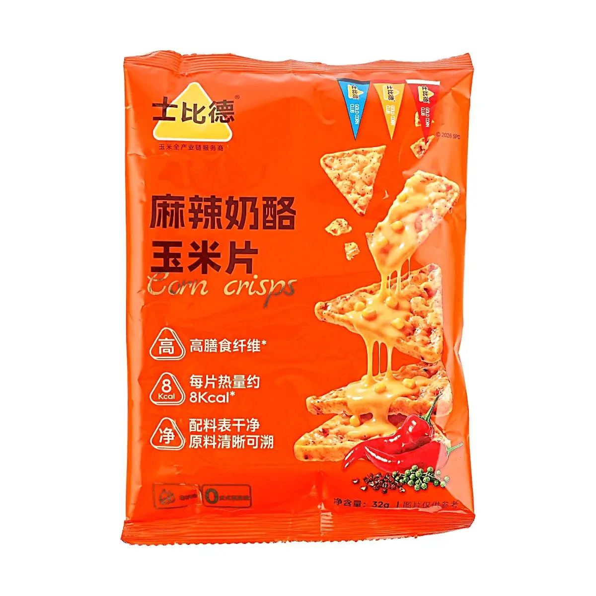 SHIBIDE Spicy Cheese Corn Chips - Low Calorie, High Fiber, Clean Ingredients Snack 32g