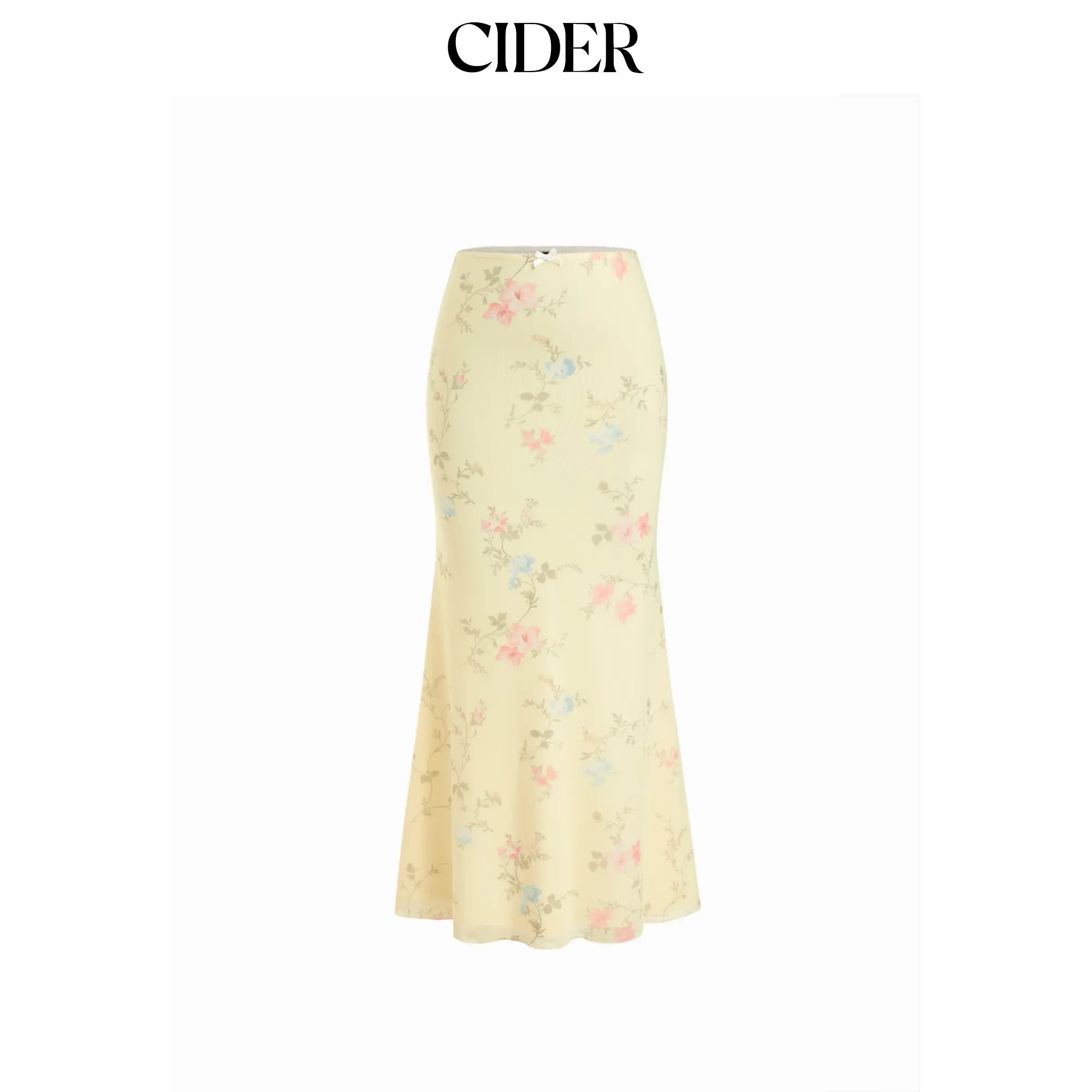 Cider Women's Chic Floral Mesh Mermaid Maxi Skirt, Mid Rise Fit with Bow Detail and Lettuce Trim Hem, Elegant